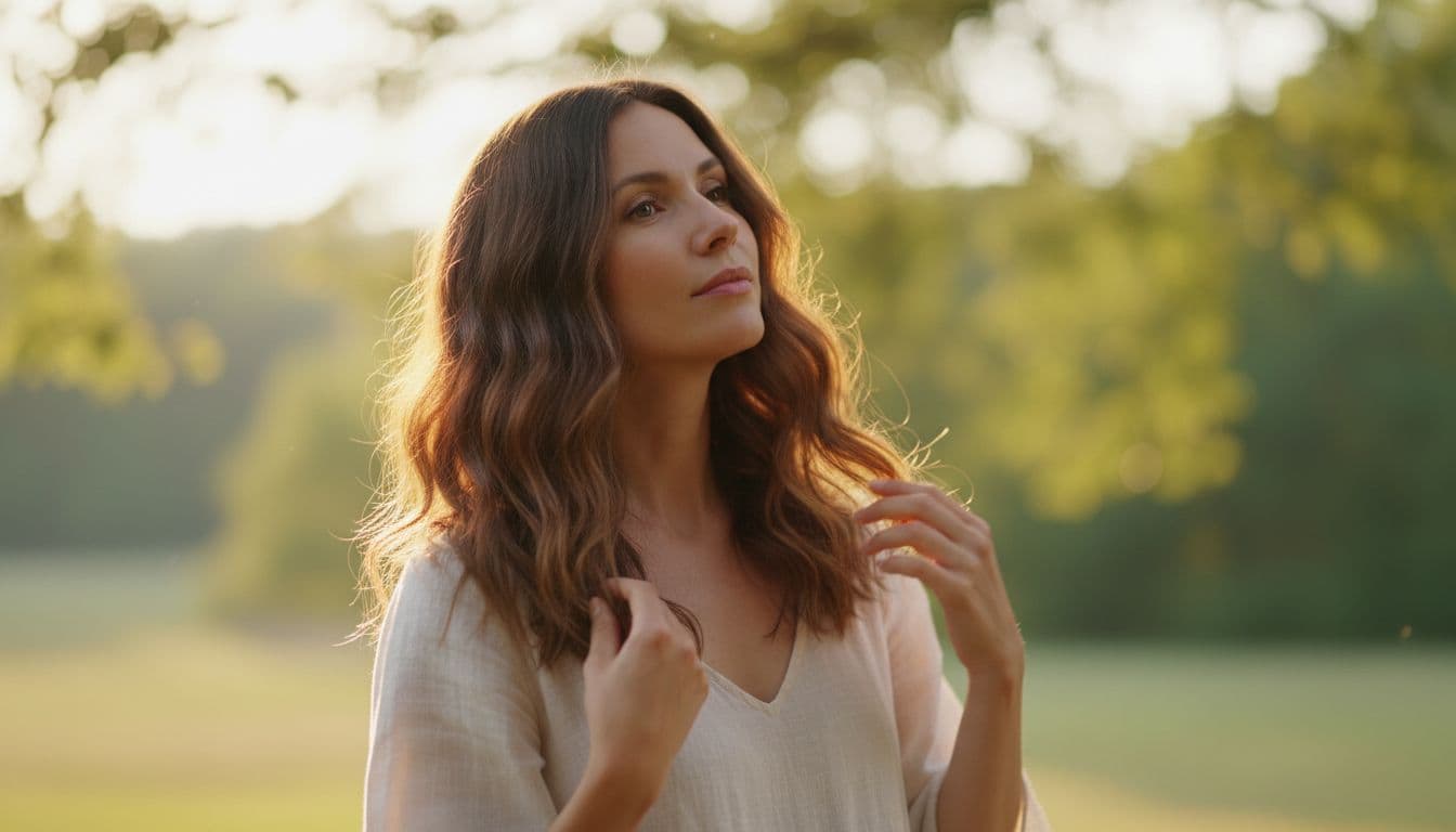 Woman with shoulder-length wavy healthy hair in natural outdoor light, low-key hair care scene with subtle shine and relaxed pose, realistic style.