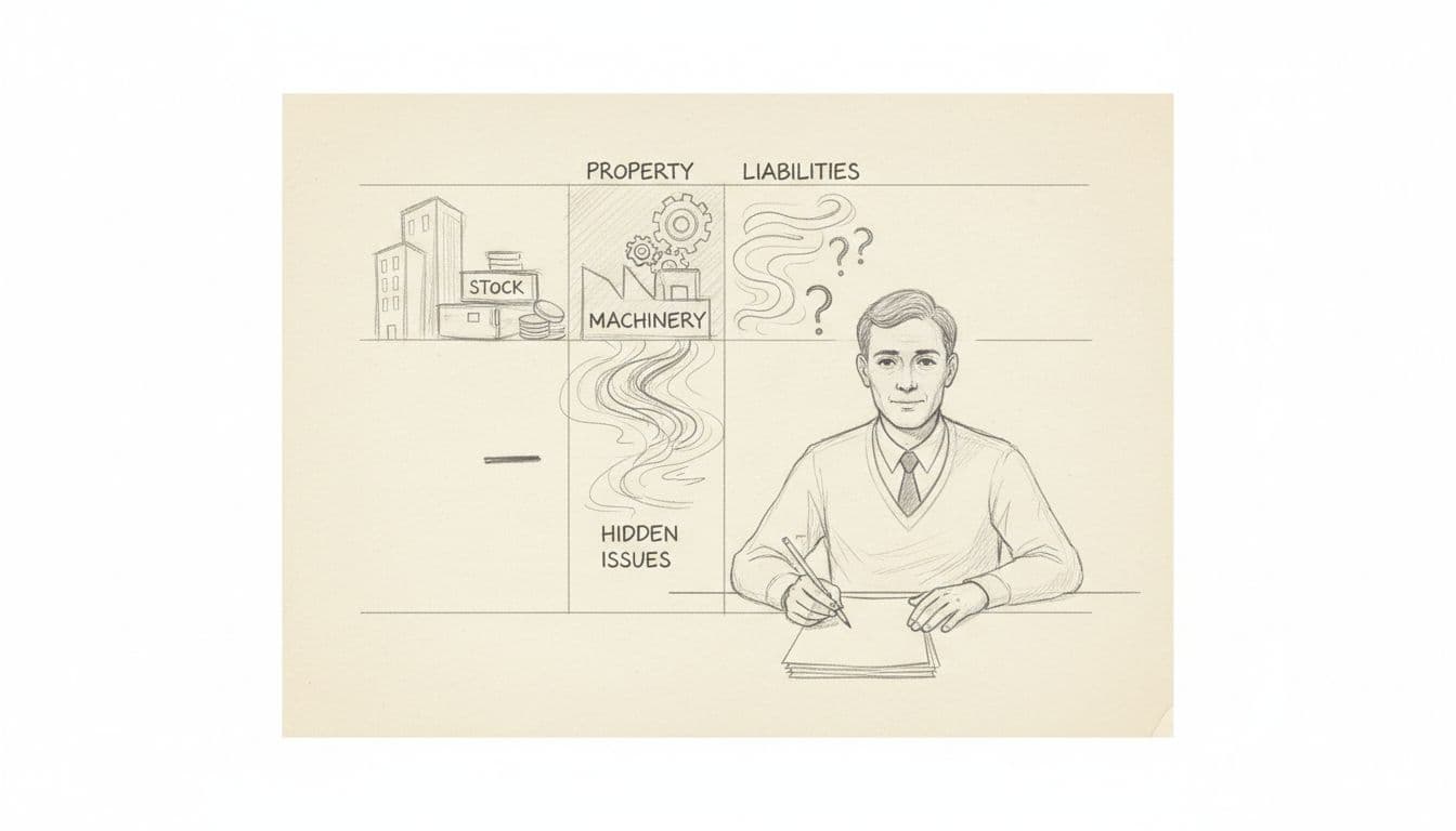 Graphite sketch of accountant tweaking assets like property and machinery minus liabilities on ledger page.