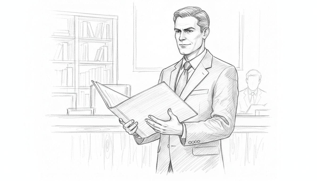 Graphite sketch of confident accountant holding open valuation report in wooden courtroom with bookshelves.
