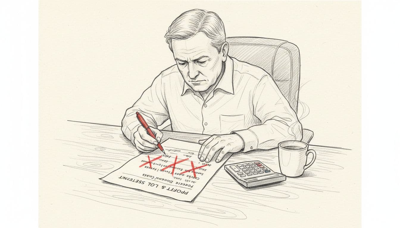 Graphite sketch shows accountant at wooden desk crossing out expenses on paper with red pen, adding figures in margin.