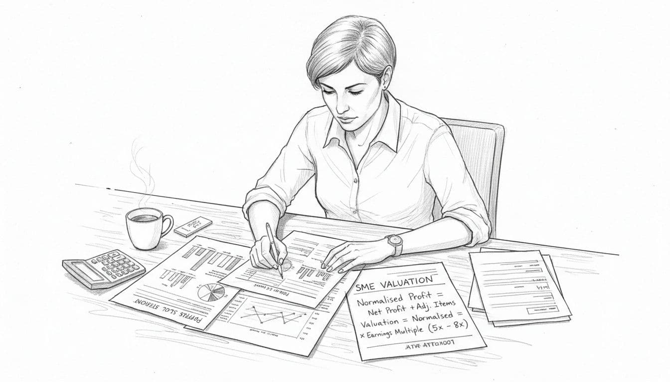 Graphite sketch of chartered accountant at desk with calculator, financial papers, charts, and mug reviewing profit statements.