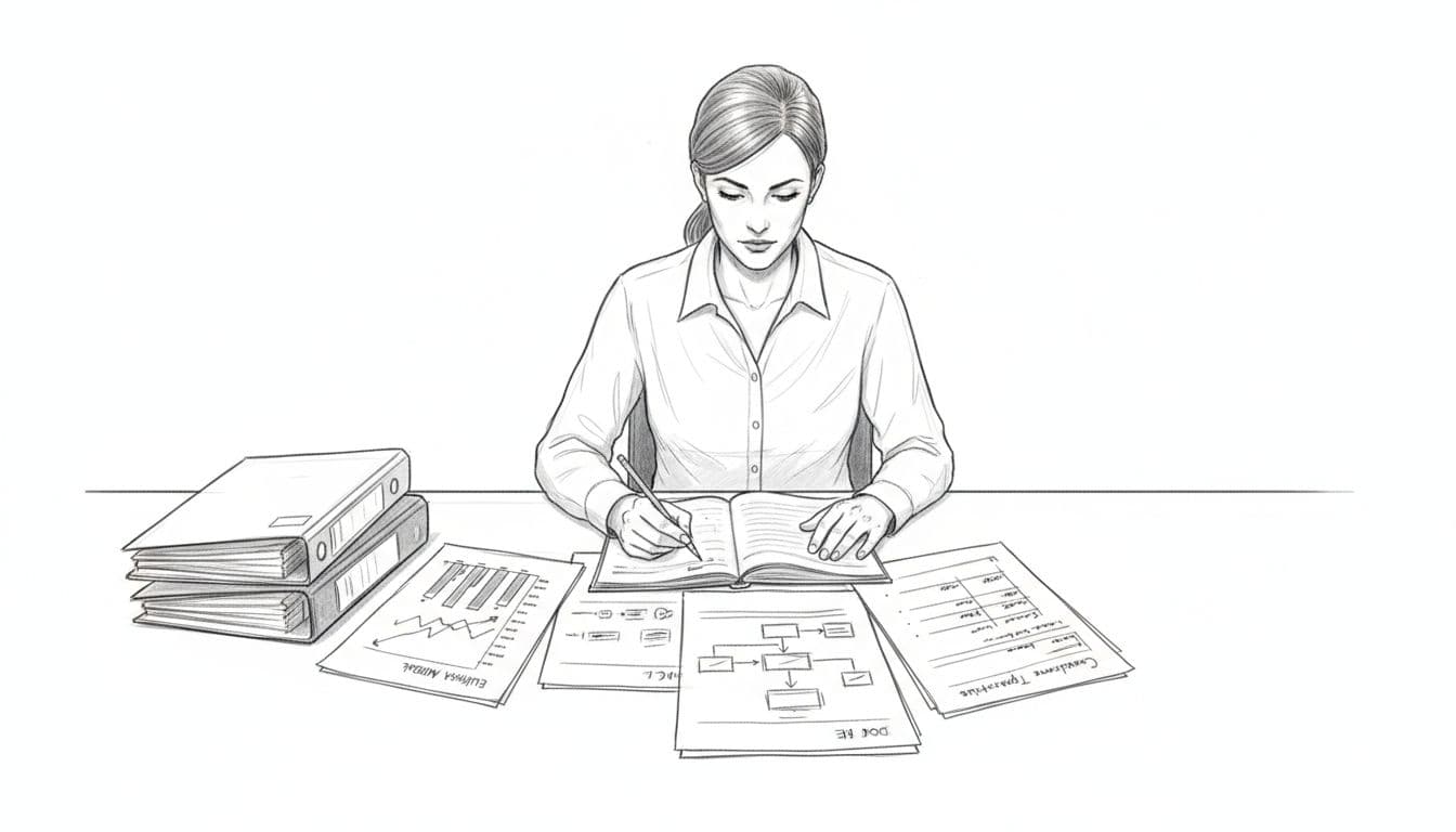 Hand-drawn graphite sketch of professional accountant at desk with EBITDA multiples table, DCF model, and comparable transactions notes.