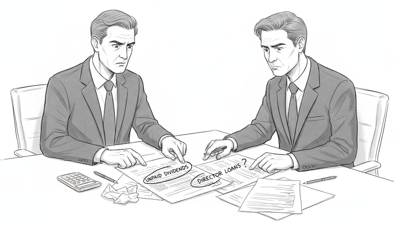 Graphite sketch of two suited professionals at conference table reviewing balance sheet, one pointing to unpaid dividends and director loans sections with question marks.