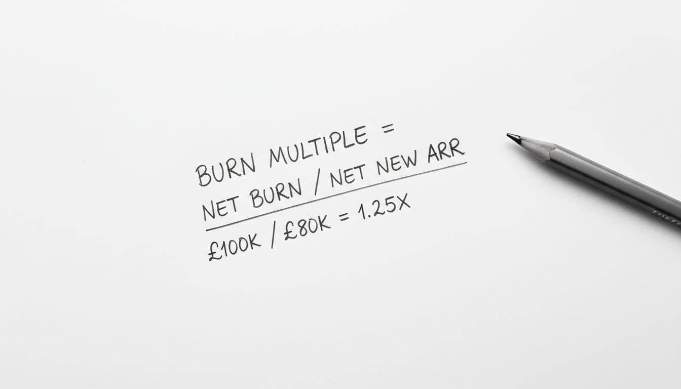 Hand-drawn notebook page sketch displays burn multiple formula: net burn £100k / net new ARR £80k = 1.25x, pencil nearby.