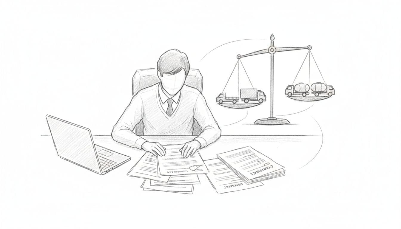 Graphite sketch of business owner at desk reviewing papers and closed laptop, with supplier trucks balanced on scales.