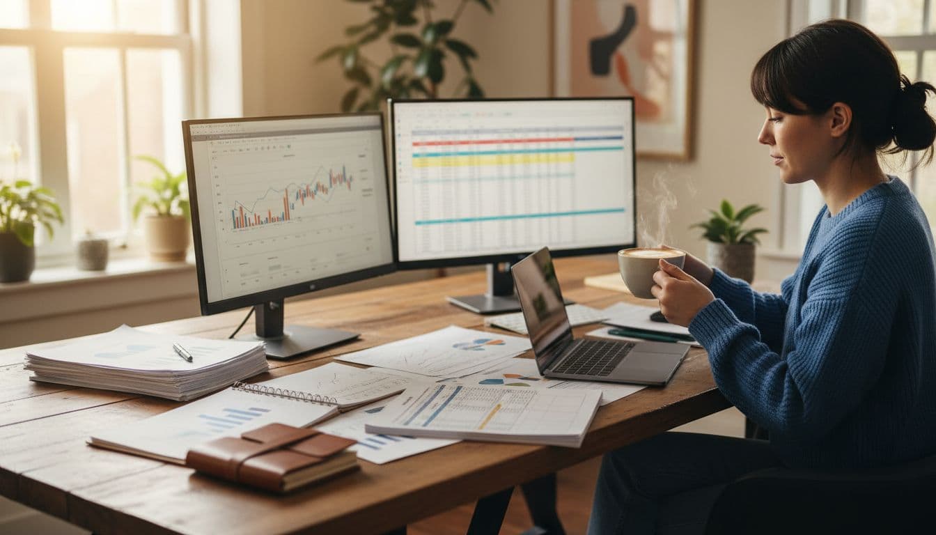 Business owner arranges financial documents, spreadsheets, and forecasts on desk with laptop and coffee mug.