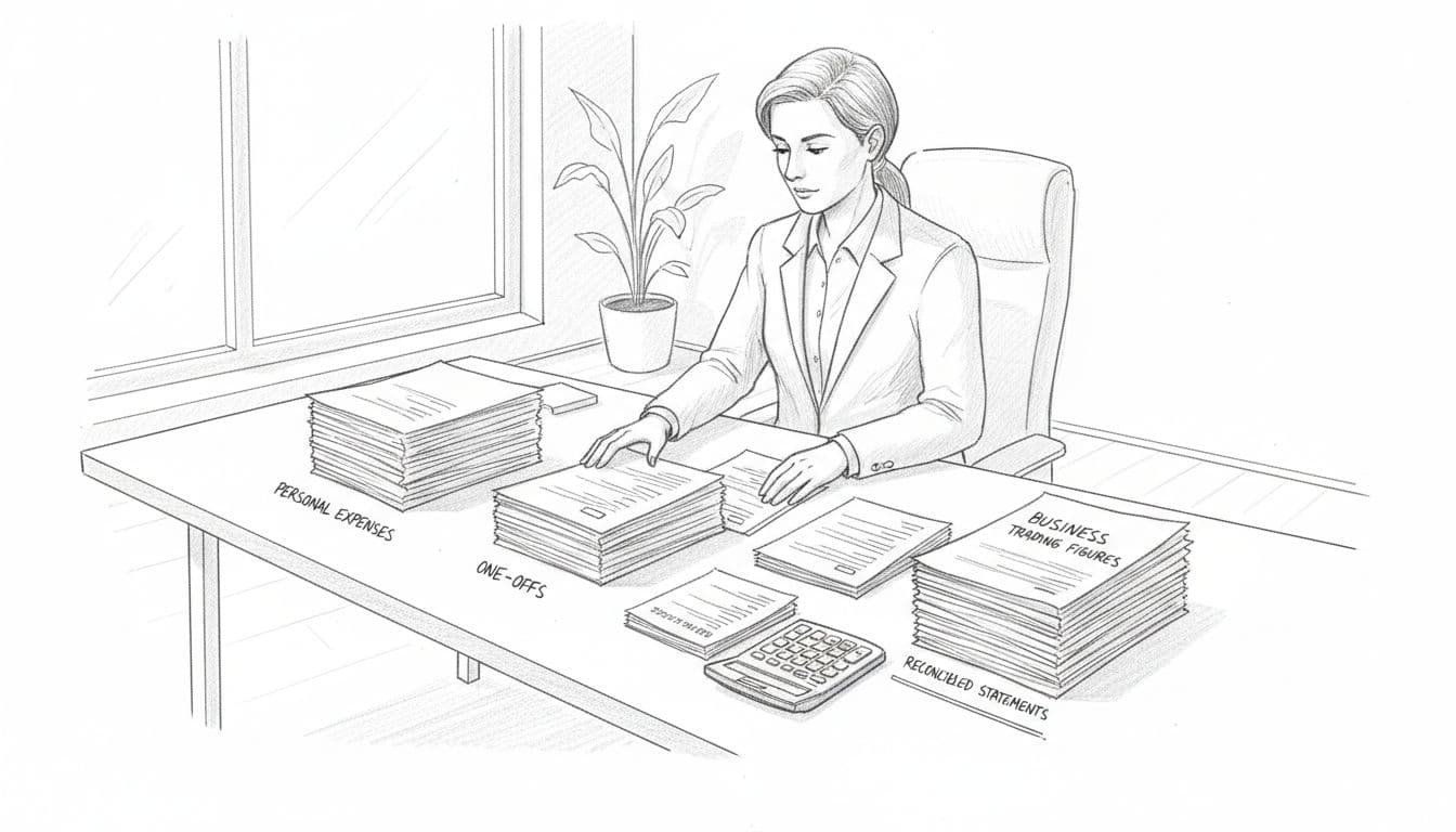 Business owner at desk sorts financial papers into piles, calculator and statements nearby, in graphite sketch style.