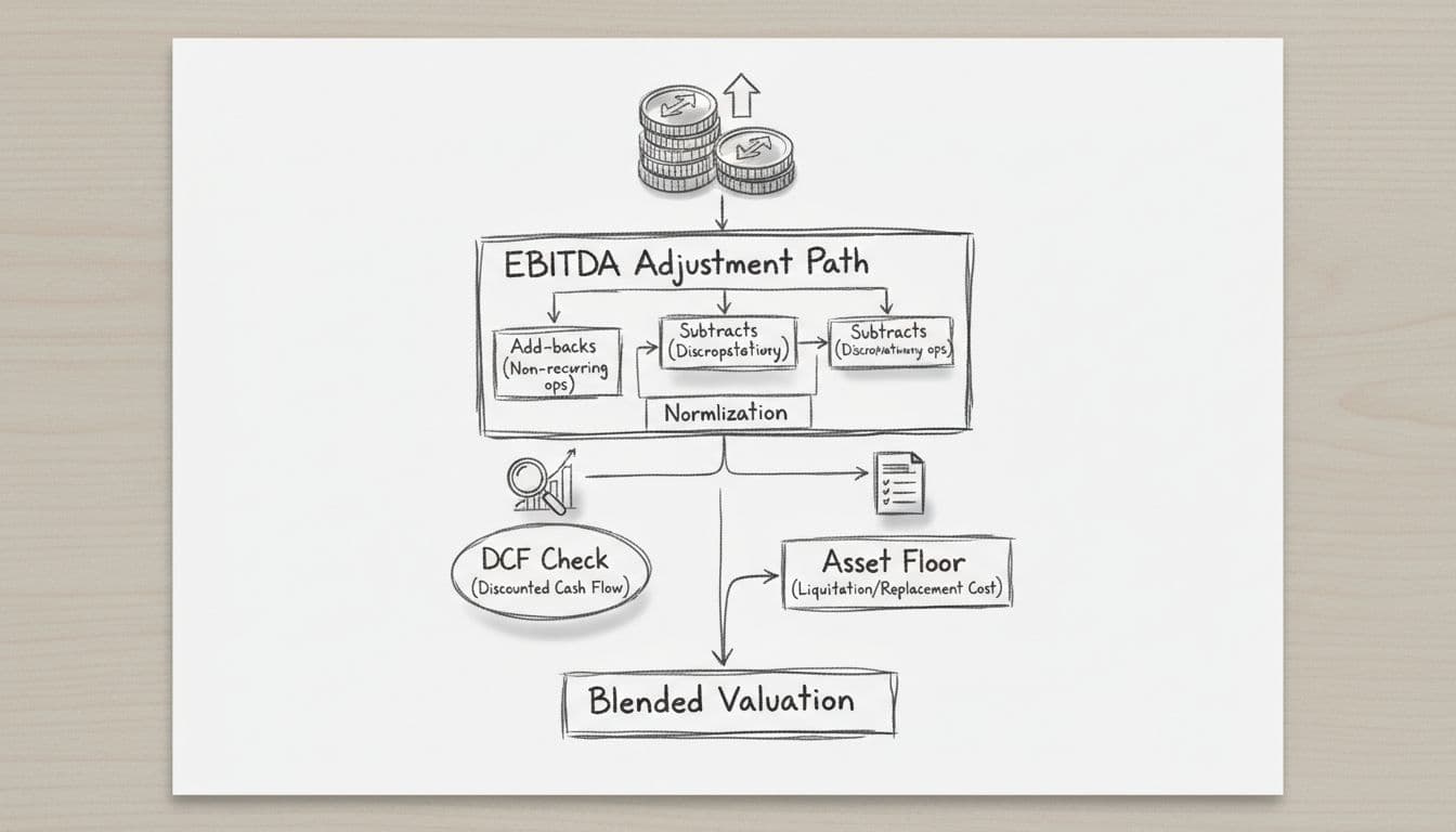 Top-down view of hand-drawn flowchart on desk paper showing EBITDA path, DCF check, asset floor with profits, forecasts, balance sheet icons.