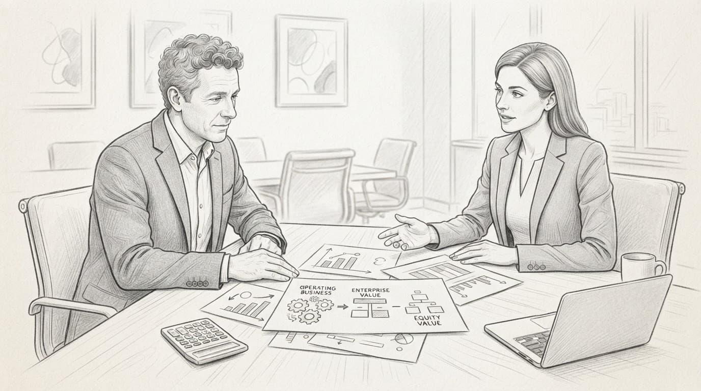 Two people review business papers across a desk.