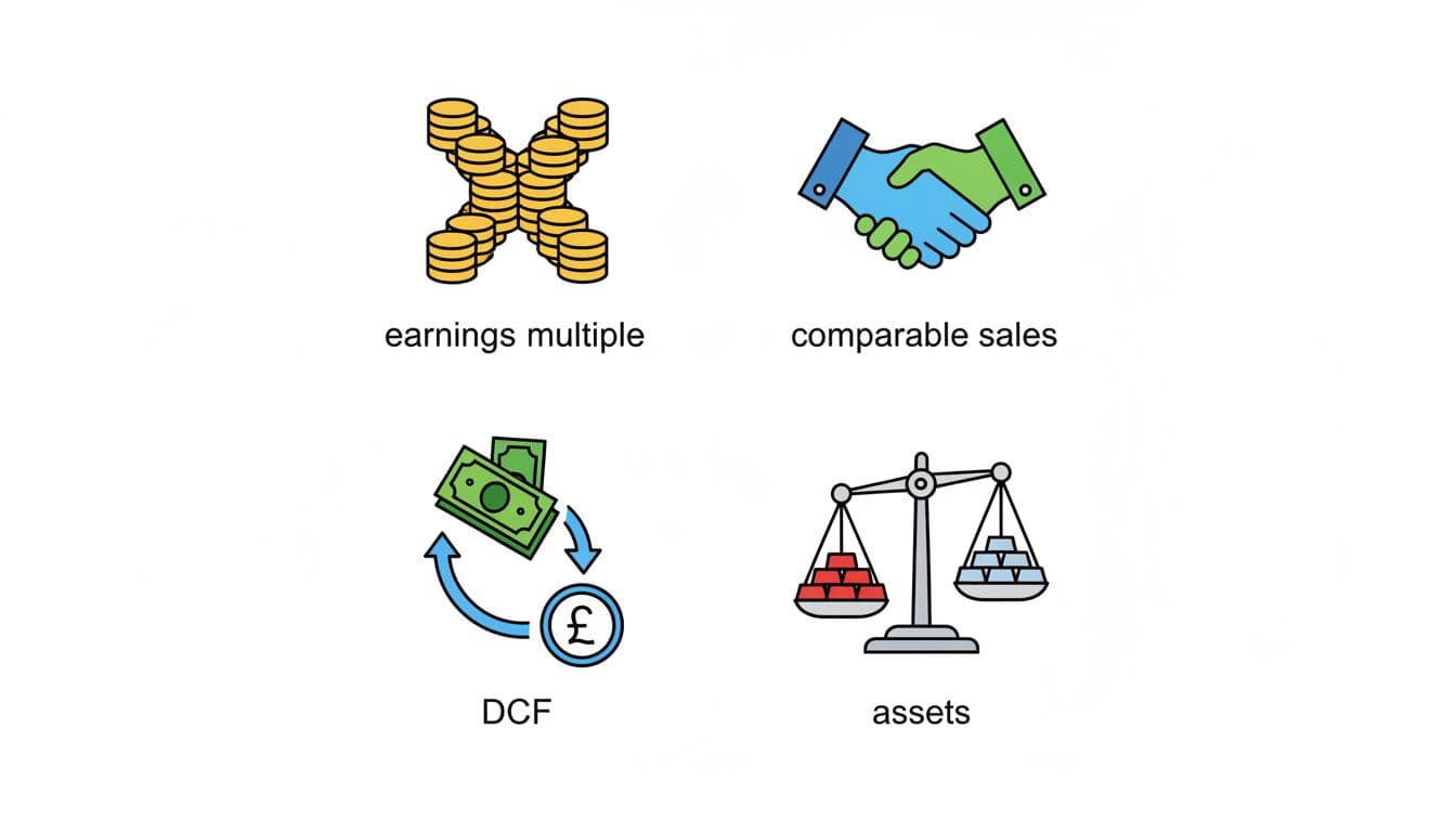 Four icons depict valuation methods: multiplier symbol, handshake, cash flow arrow, balance scale on white background.