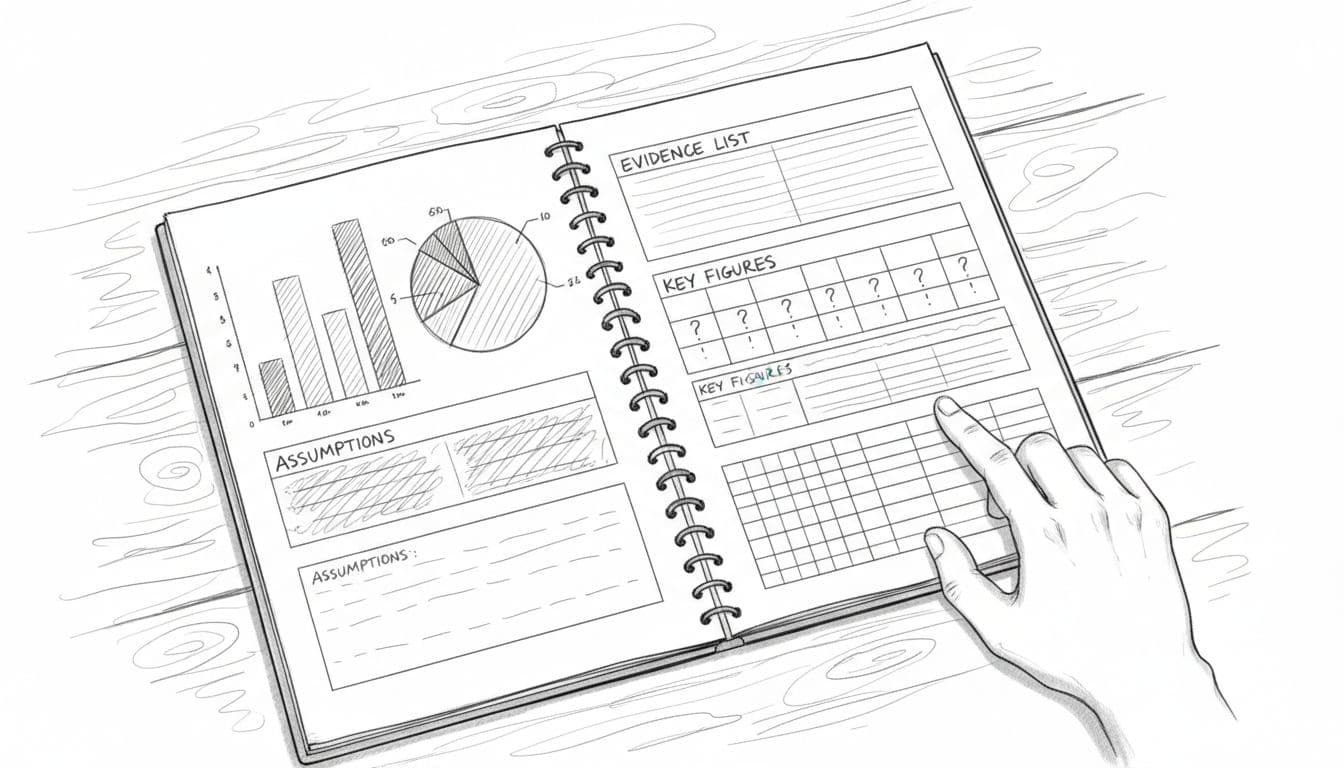 Graphite sketch of open business valuation report on wooden desk showing charts, tables, and resting hand.