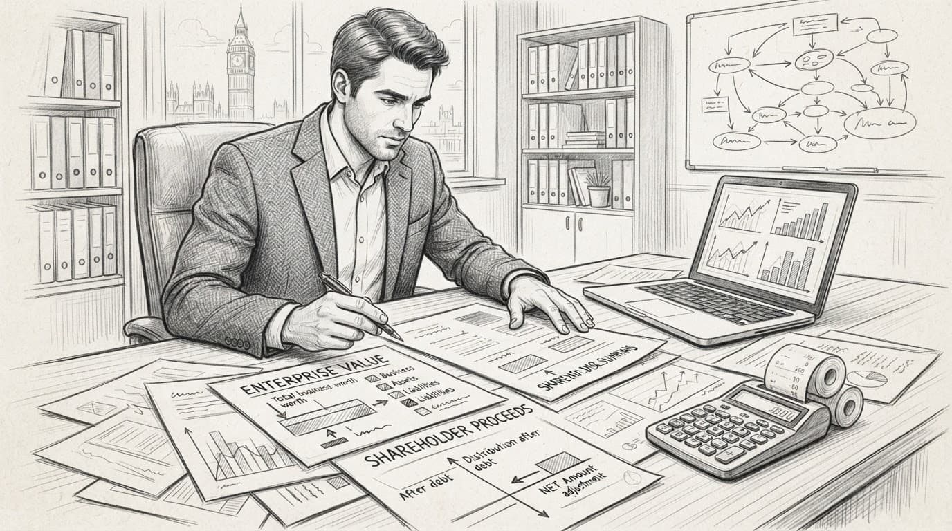 A business owner studies papers, a calculator, and a laptop at a desk.