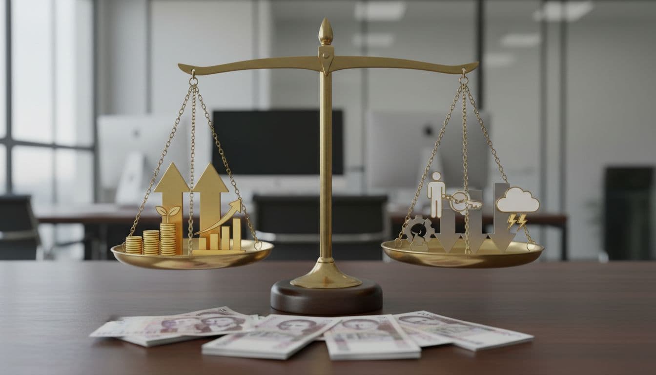 Balance scale in office with upward growth icons on one side, downward risk icons on the other, pound notes nearby.