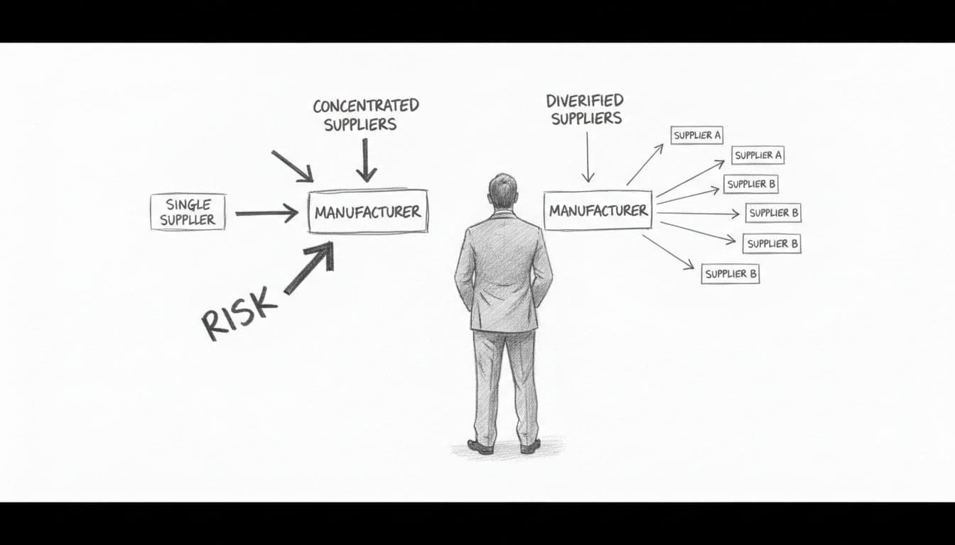 Suited buyer examines whiteboard sketch showing concentrated vs diversified suppliers with risk arrows to single supplier.
