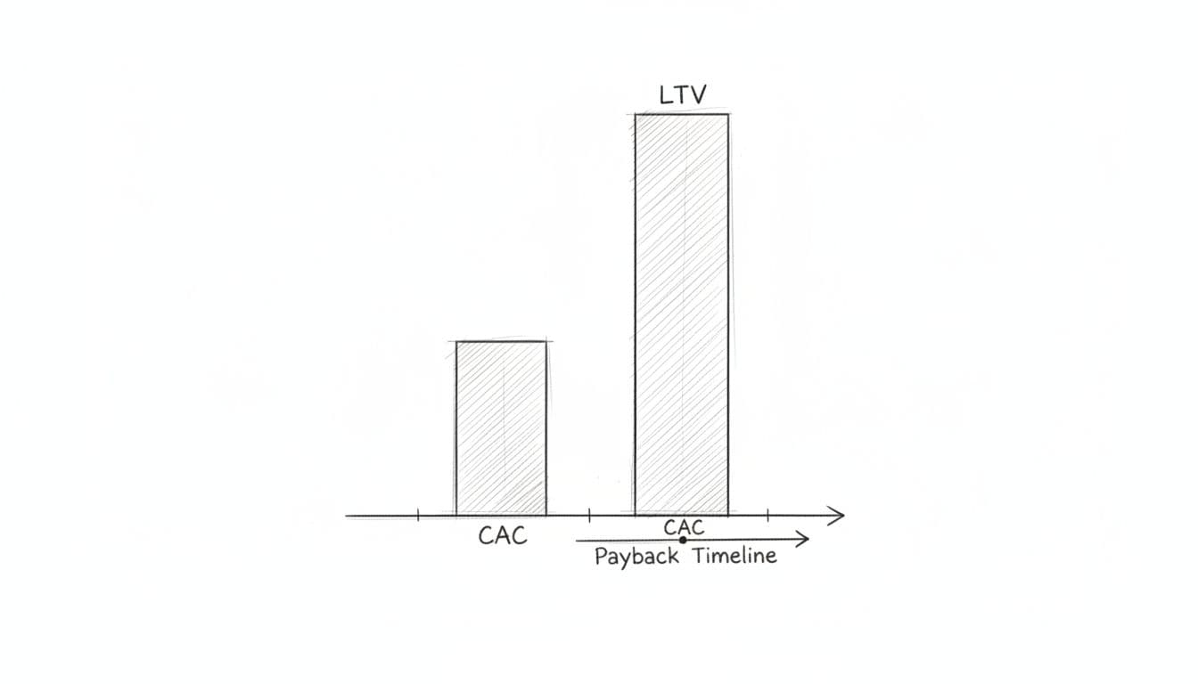 Hand-drawn graphite sketch of bar graph with CAC and LTV stacks, payback timeline arrow below, on white paper.