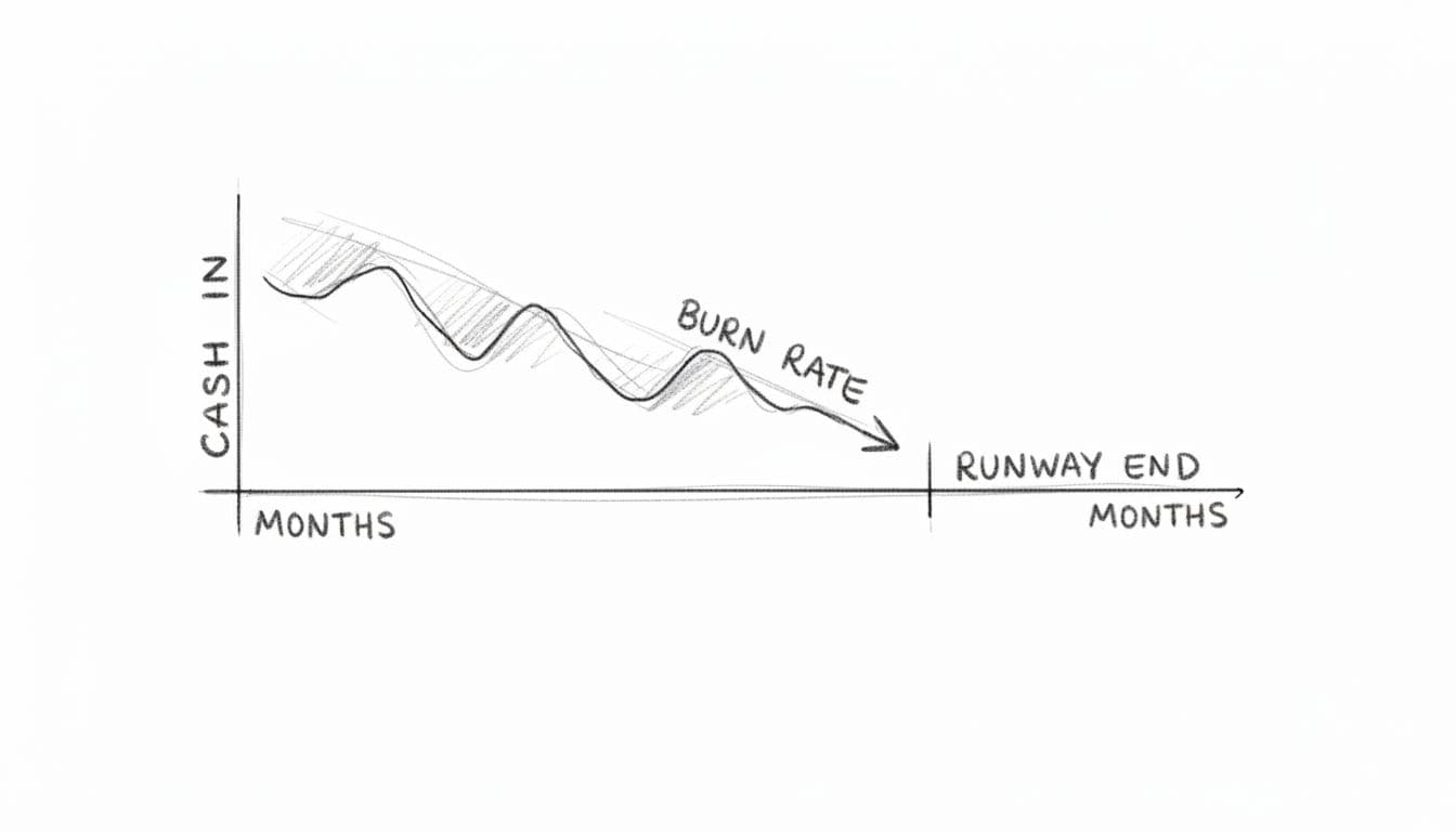 Graphite linework sketch of horizontal cash flow timeline with downward burn rate line ending at runway months on white paper.