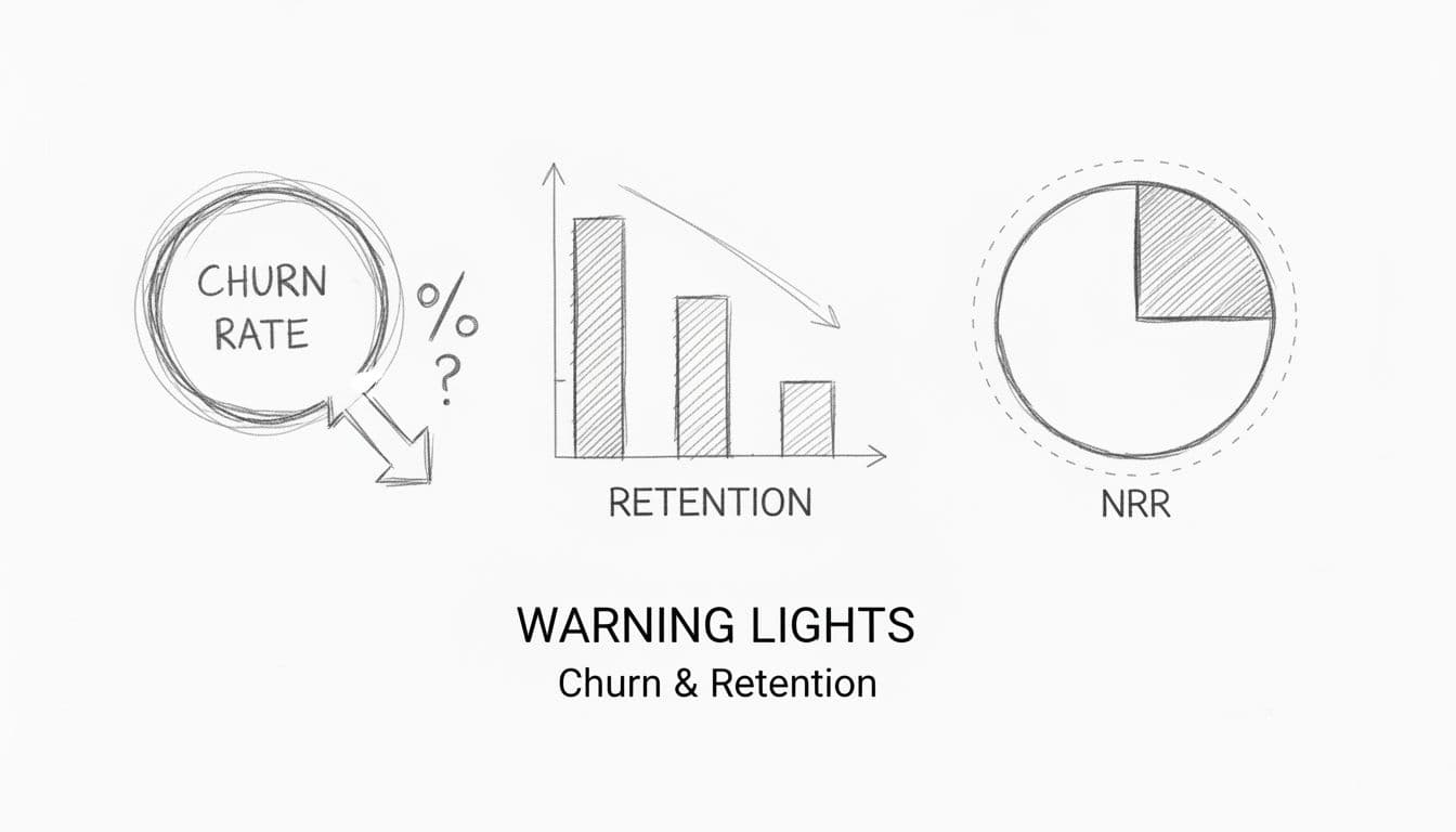 Graphite linework sketch on white paper shows dashboard with churn rate icon, slightly decreasing retention bars, and NRR pie chart side by side.
