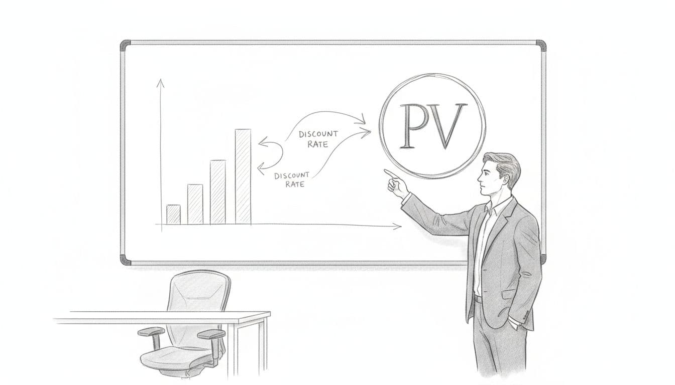 Hand-drawn graphite sketch on whiteboard depicts future cash flows with discount arrows to present value; business owner points at it in office.