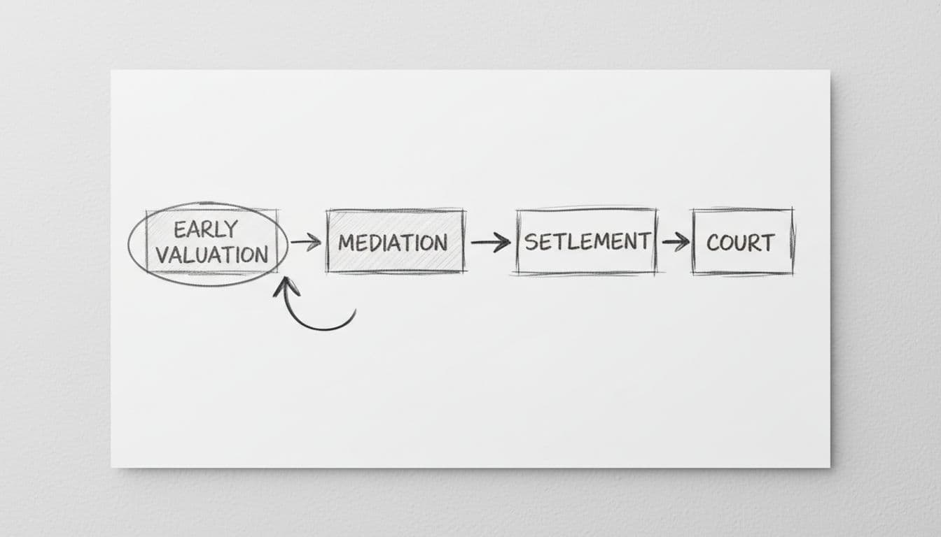 Graphite sketch of wall calendar timeline marking early valuation, mediation, settlement, court stages with progression arrows.