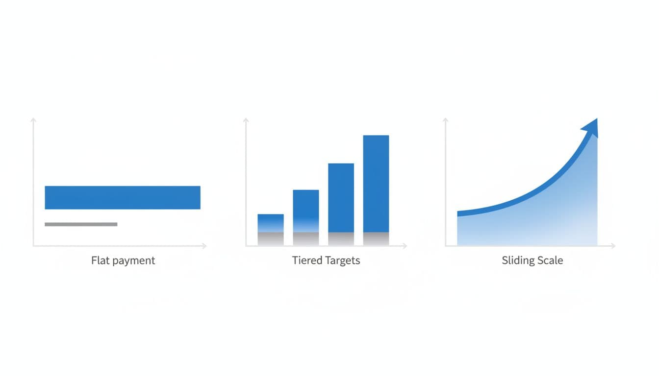 Three side-by-side charts depict flat line, stepped bars, and rising curve on white background.