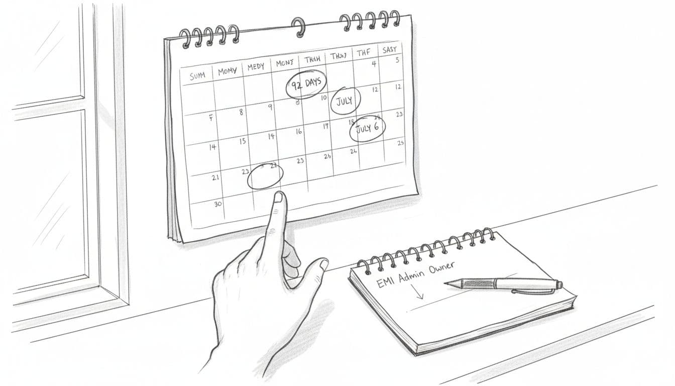 Hand-drawn sketch of wall calendar with circled deadlines, desk notebook noting EMI admin owner, resting pen, and relaxed hand pointing.