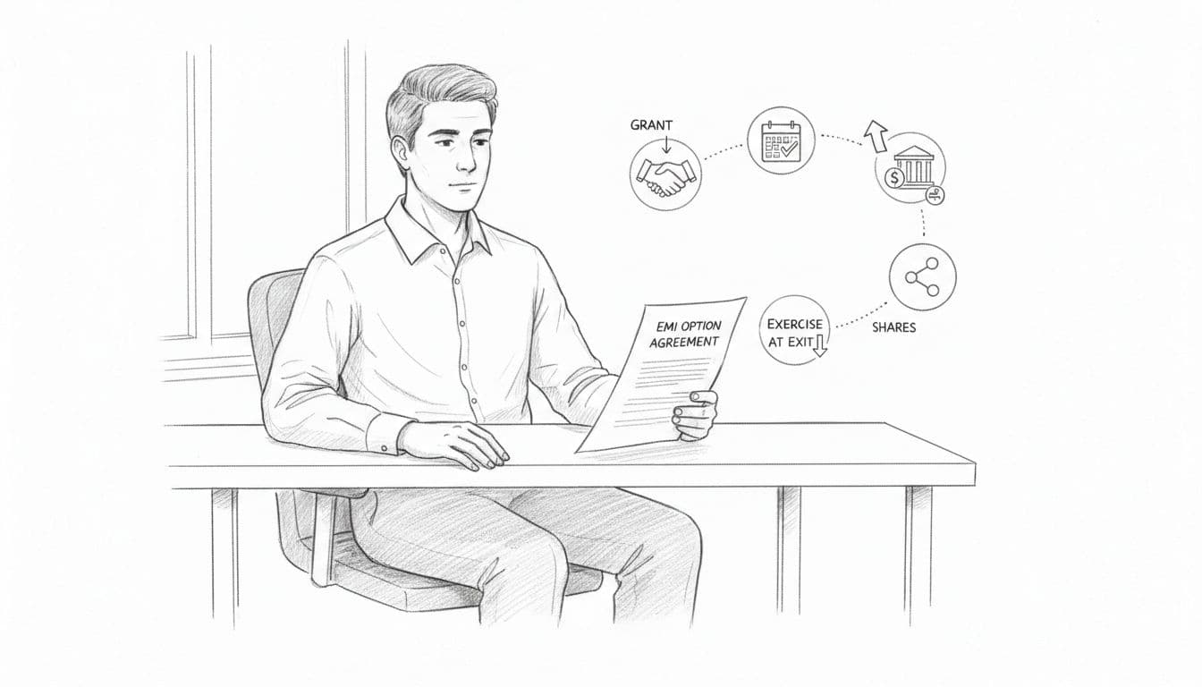 Graphite sketch of employee at desk holding EMI agreement with floating grant-vest-exercise timeline icons.
