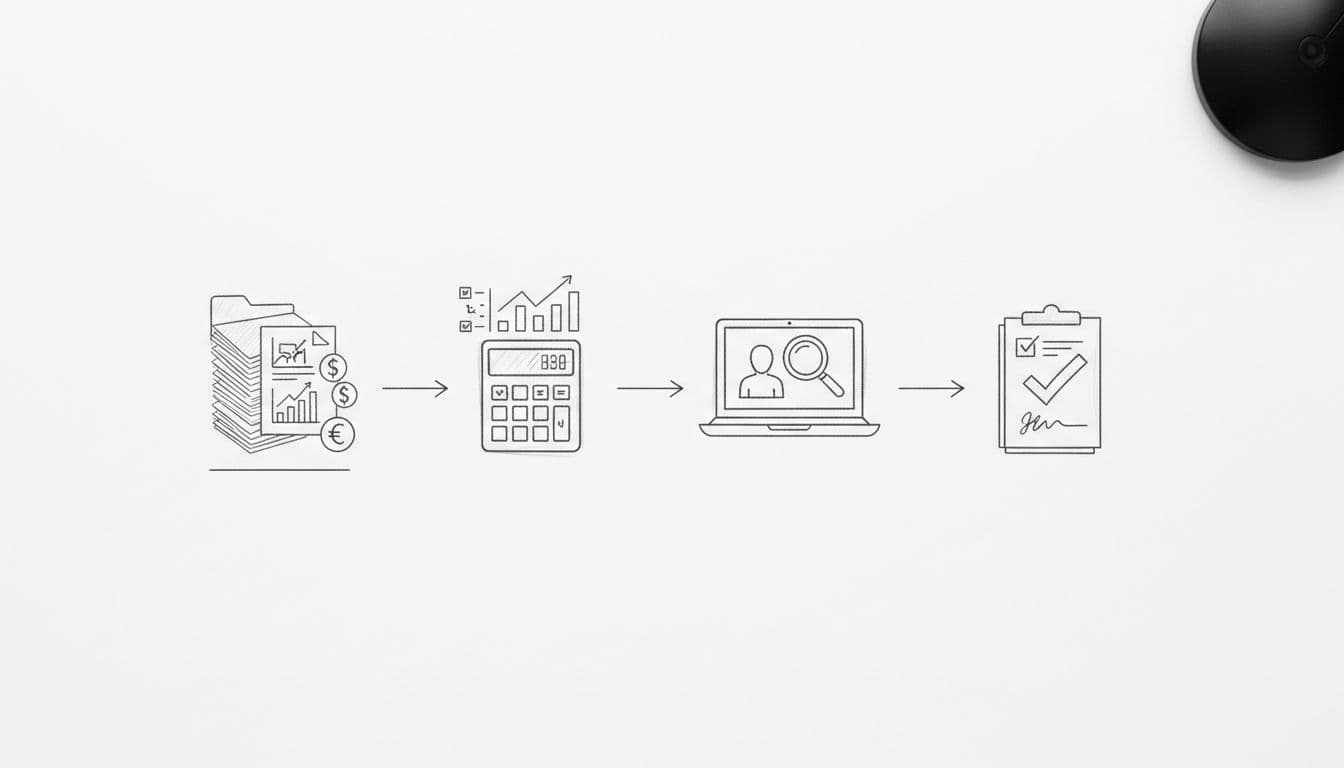 Graphite linework sketch on white paper shows flowchart icons: documents stack, calculator with charts, desk laptop review, signed report.