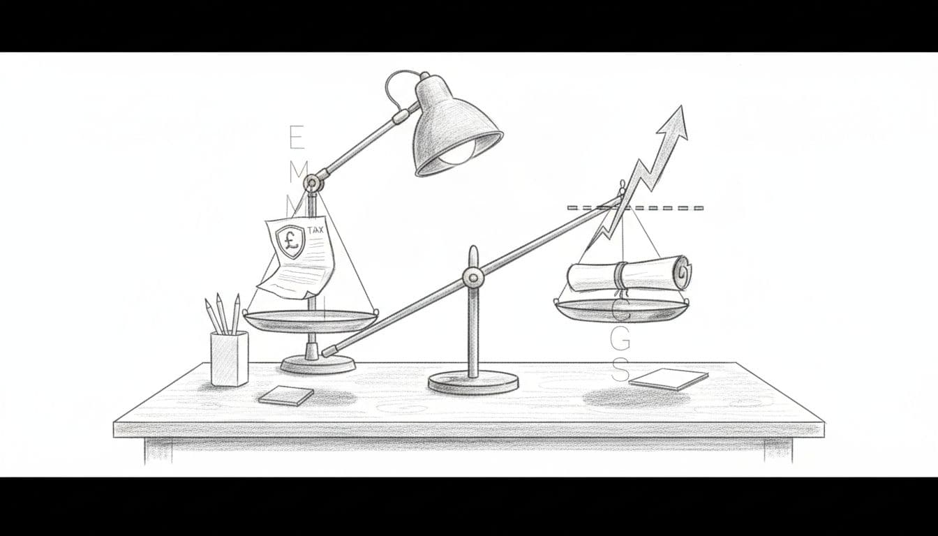 Graphite sketch of balanced scale on table: EMI contract with tax shield left, growth shares certificate with hurdle and arrow right.