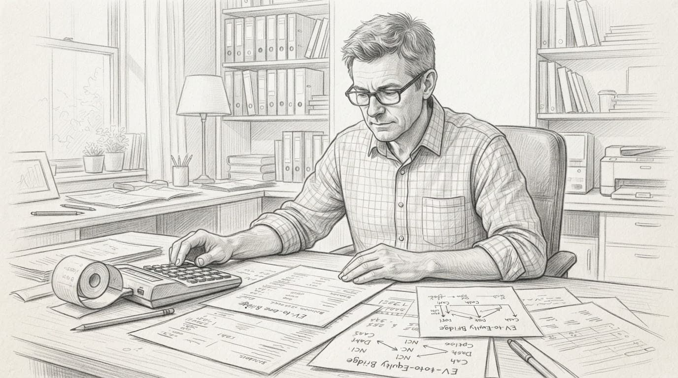 A business owner reviews financial papers beside a calculator at a desk.