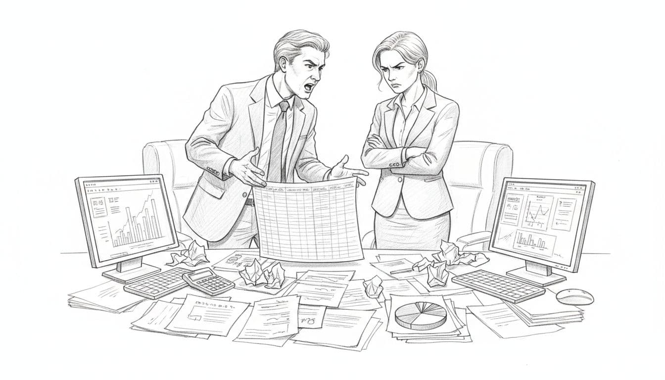 Graphite sketch of two suited professionals arguing over table cluttered with financial charts, spreadsheets, and calculators.