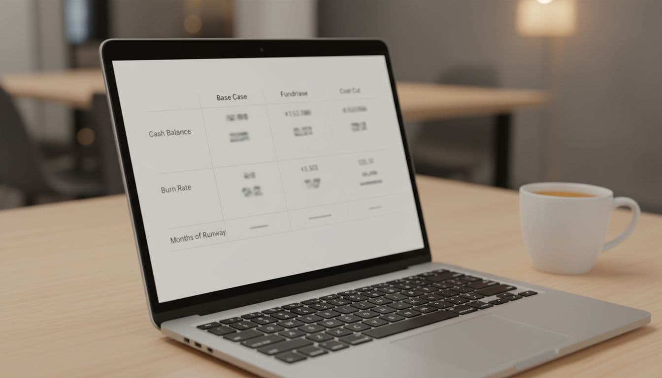 Close-up of laptop screen showing runway metrics like cash balance, burn rate, and months in three scenario columns, with coffee mug on desk.