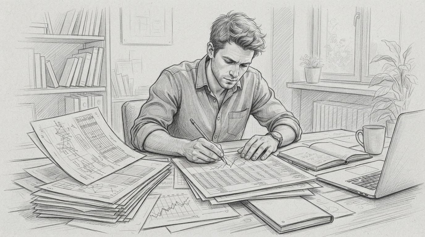 A founder reviews document pages and a valuation pack on a light gray surface.