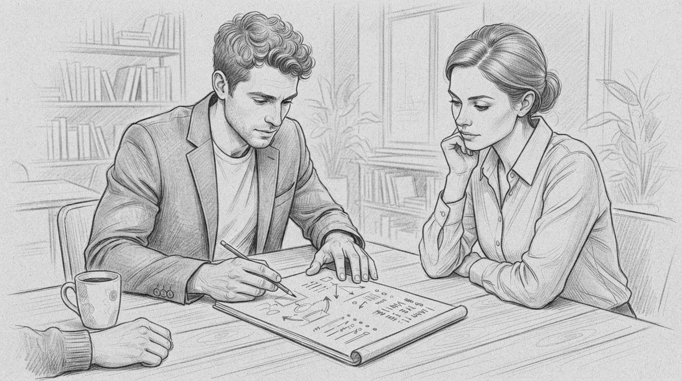 Two founders review a financial checklist and valuation notes at a table.