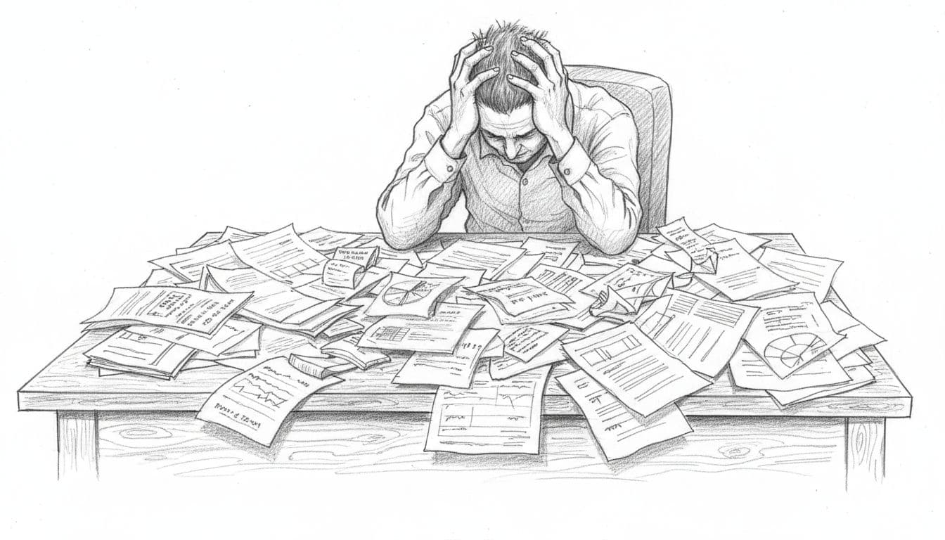 Graphite sketch of frustrated business owner with hands on head at wooden desk cluttered with jumbled receipts, bills, and charts.