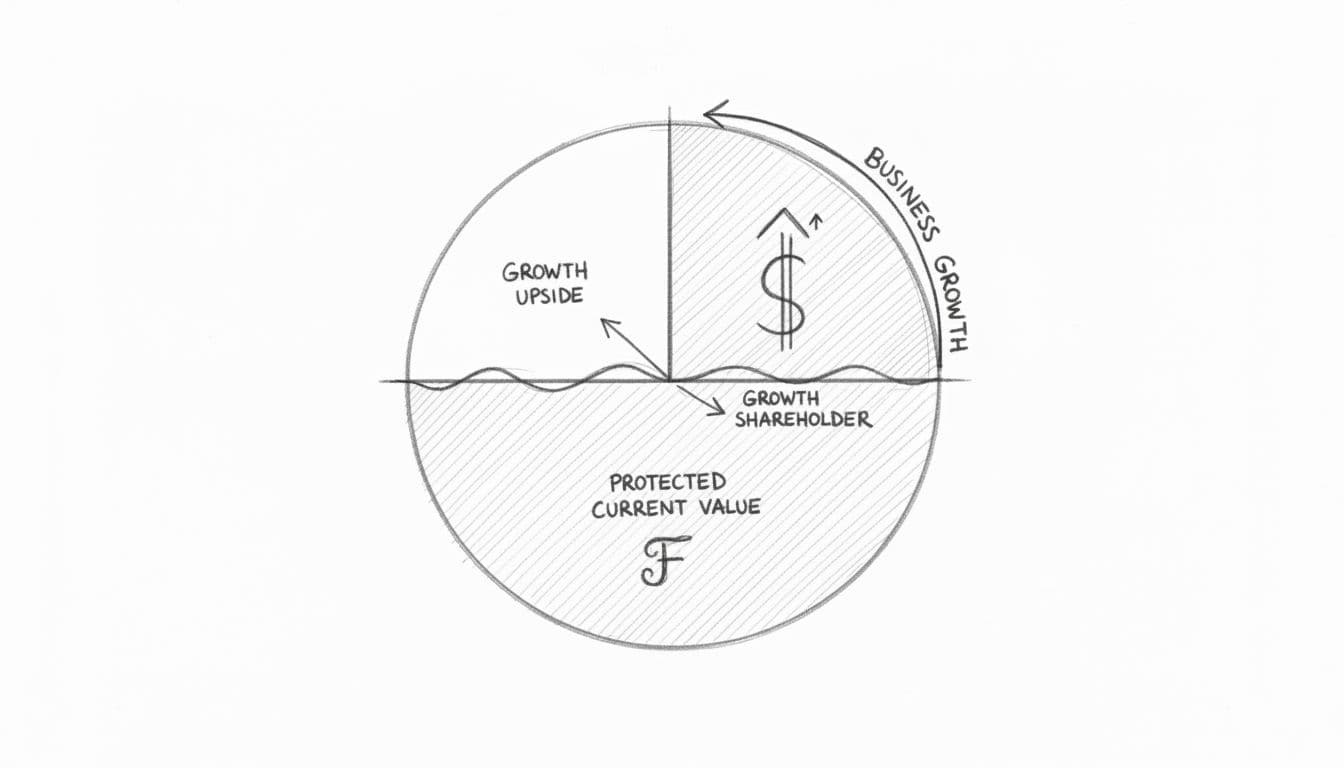 Hand-drawn sketch of pie chart dividing company value into protected section below hurdle line and growth upside above, with upward arrow.