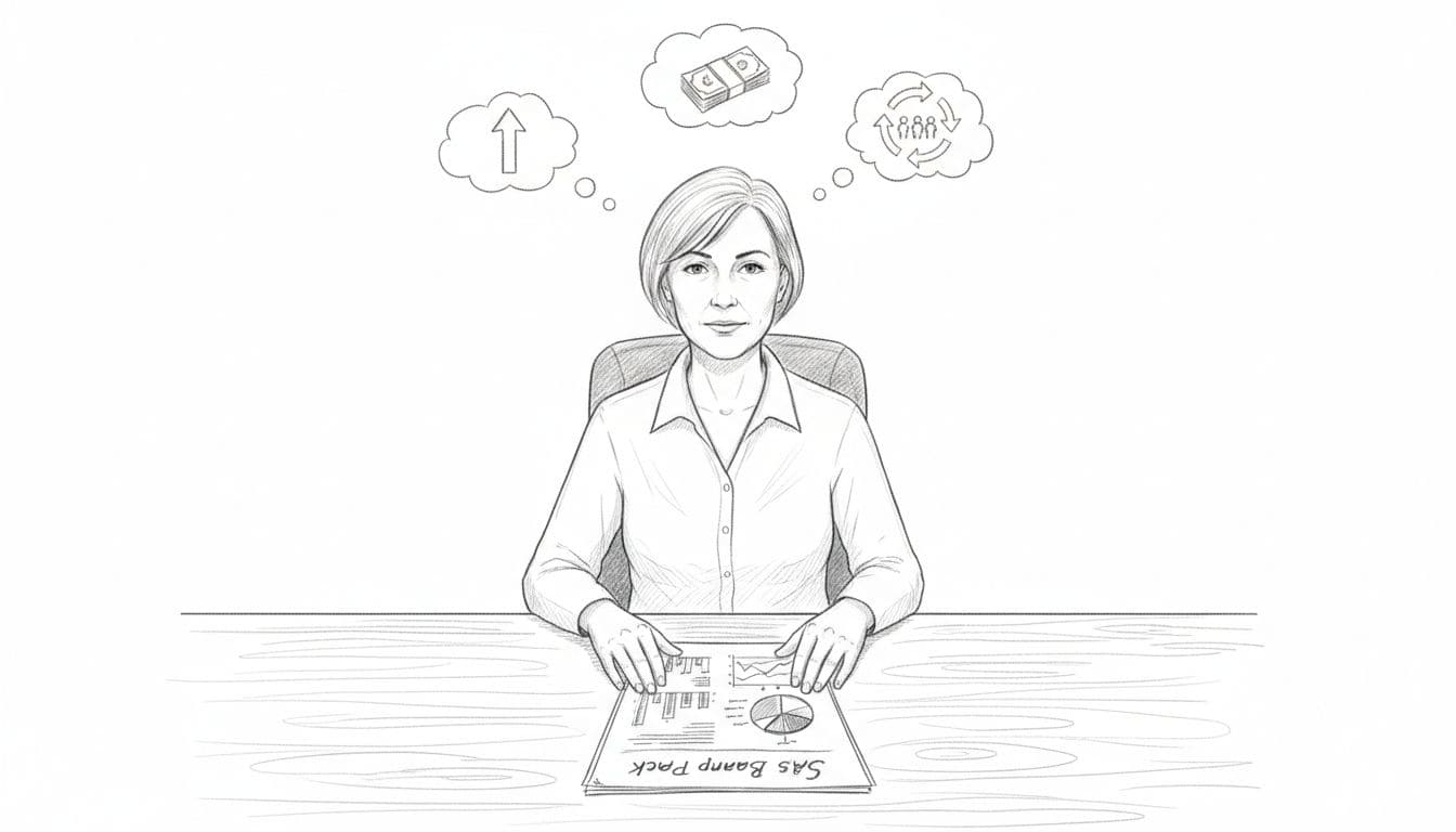 Hand-drawn sketch of investor at desk with hands on open board pack charts and subtle thought bubbles showing growth arrow, cash notes, and retention loop.