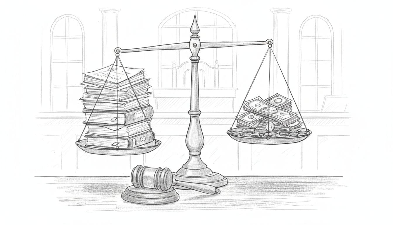 Hand-drawn sketch of balanced justice scale with business ledgers on one side and banknotes, coins on the other; gavel rests nearby.
