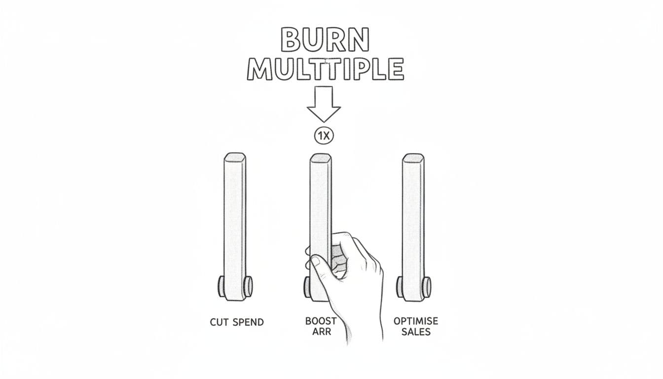 Graphite sketch of three levers labeled cut spend, boost ARR, optimise sales pulling burn multiple down to 1x, partial hand on central lever.
