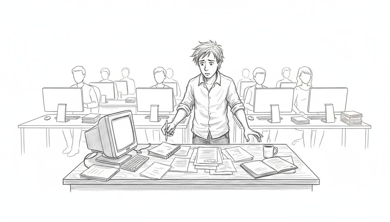 Graphite sketch shows a solitary business owner at a desk with scattered papers and computer, contrasting background structured office with team workstations.