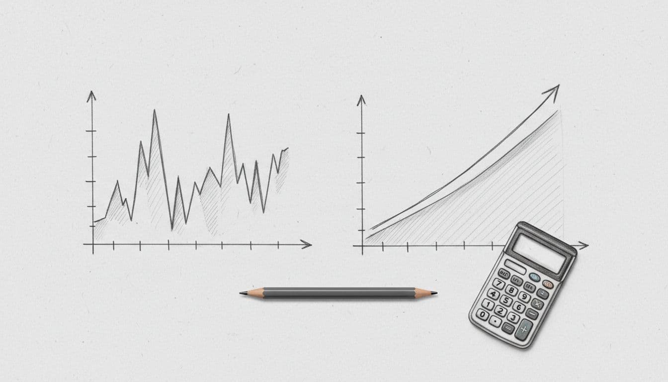 Side-by-side hand-drawn graphs on paper: left jagged lumpy line, right smooth upward trend, with pen and calculator on desk.