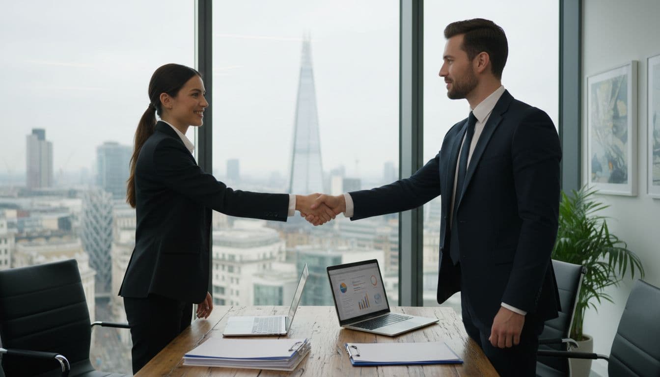 Two suited professionals shake hands over M&A documents and laptops on a conference table in a modern London office.