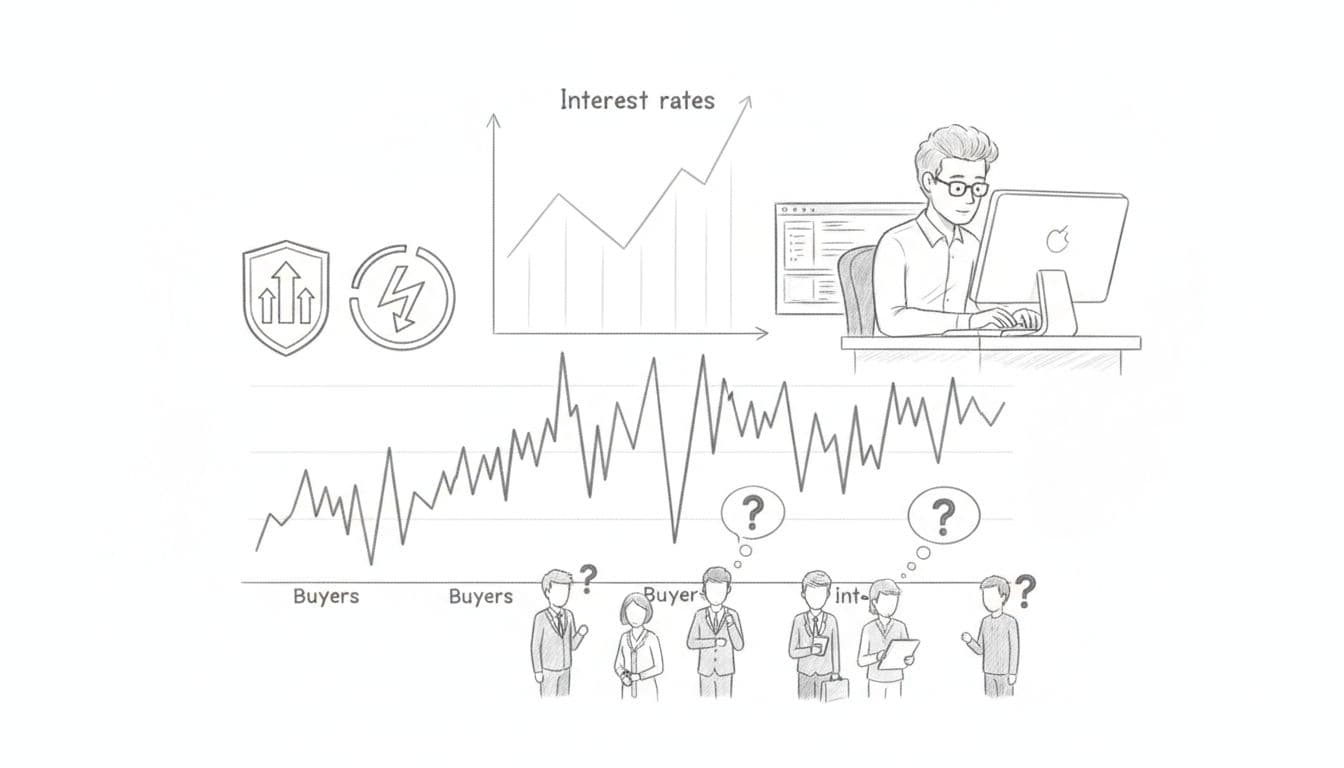 Monochrome sketch shows fluctuating business chart with hesitating buyers, rising interest rates, and analyst at desk.