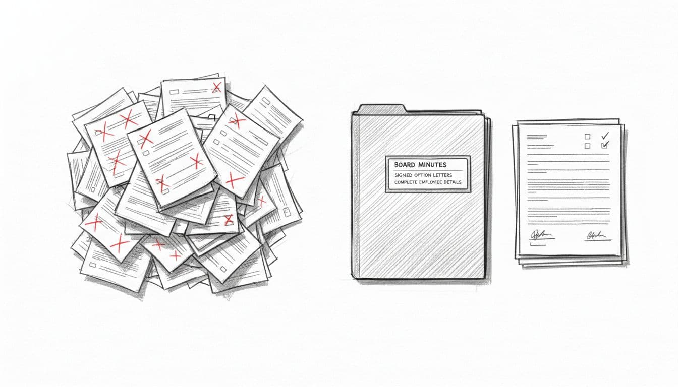 Hand-drawn top-down sketch of office desk split: left messy unsigned documents with red crosses, right organised folder with signed papers.
