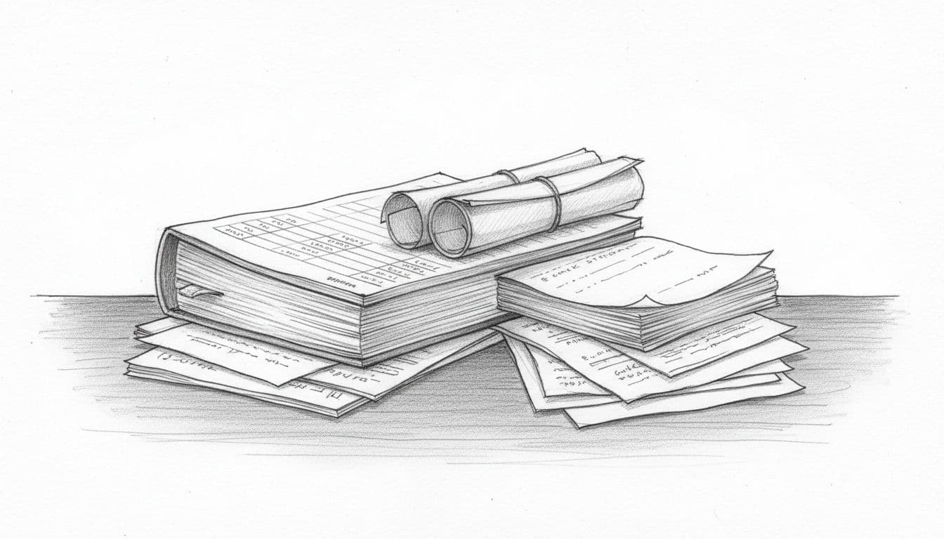 Graphite sketch of neatly organized stack of business documents on wooden desk.