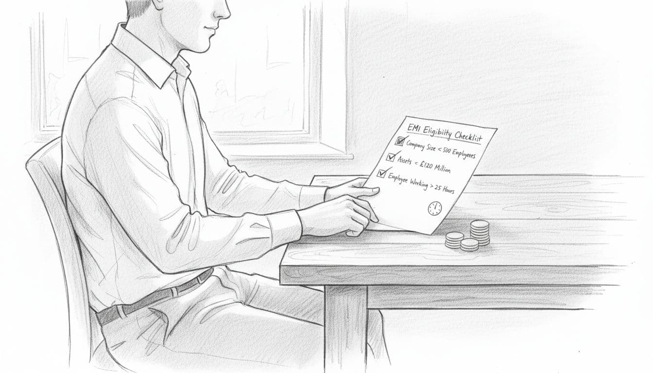 Hand-drawn sketch of business professional at wooden office desk examining paper checklist with tick marks for eligibility criteria.