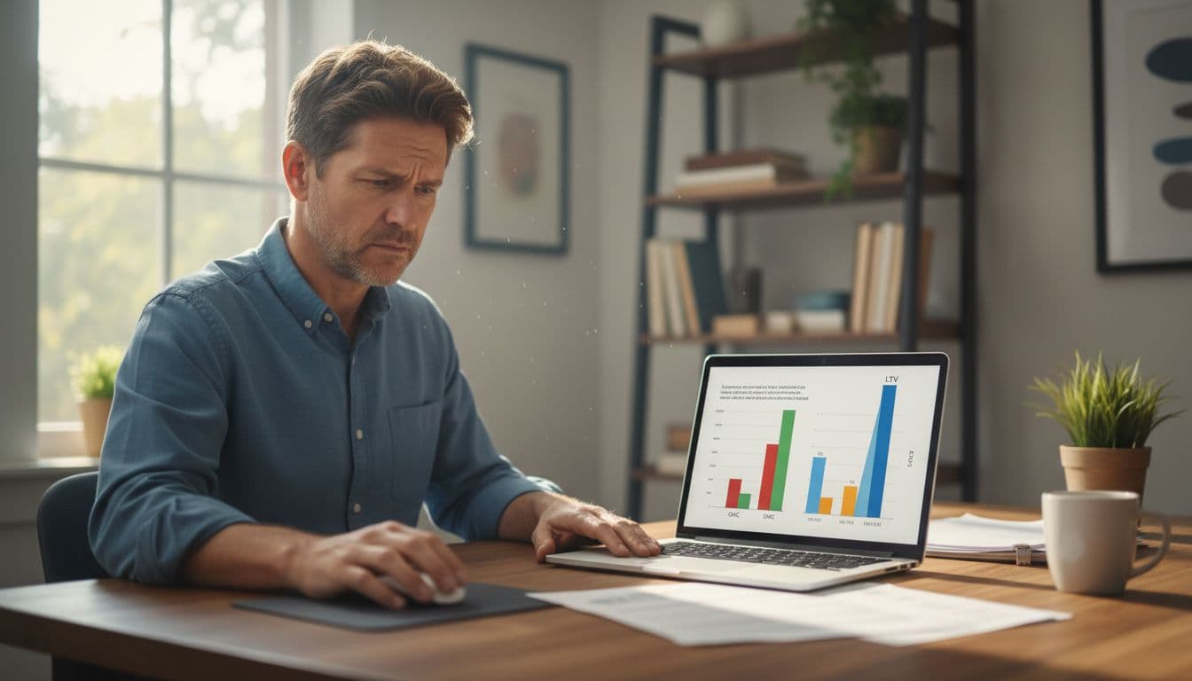 A middle-aged SaaS founder sits puzzled at a wooden desk in a bright home office, laptop displaying abstract mismatched bar charts for CAC and LTV, realistic photo with soft morning light.