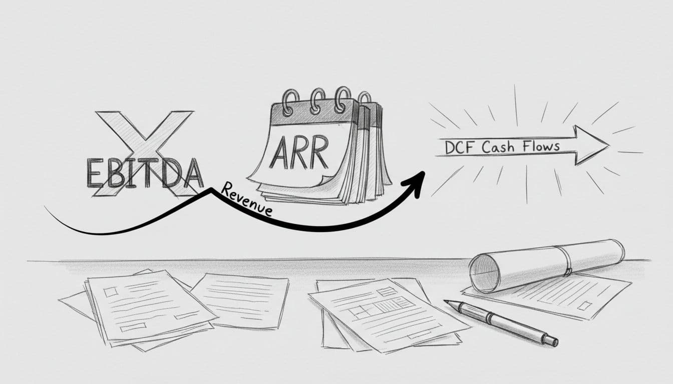 Hand-drawn sketch of multiplier, stacked calendars, and timeline arrow lifted by revenue line on business desk with reports.