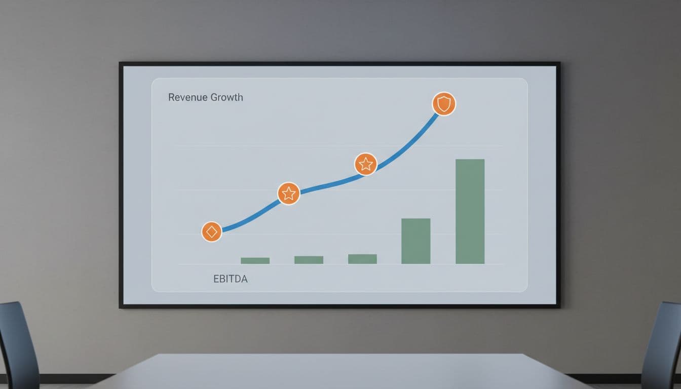 Boardroom screen shows revenue growth line graph with earn-out milestone markers and EBITDA bar chart below.
