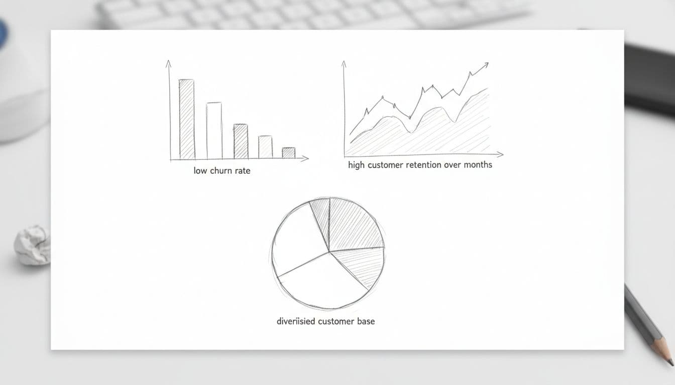 Hand-drawn sketch of bar graph, line chart, and pie chart arranged as management dashboard on office desk.