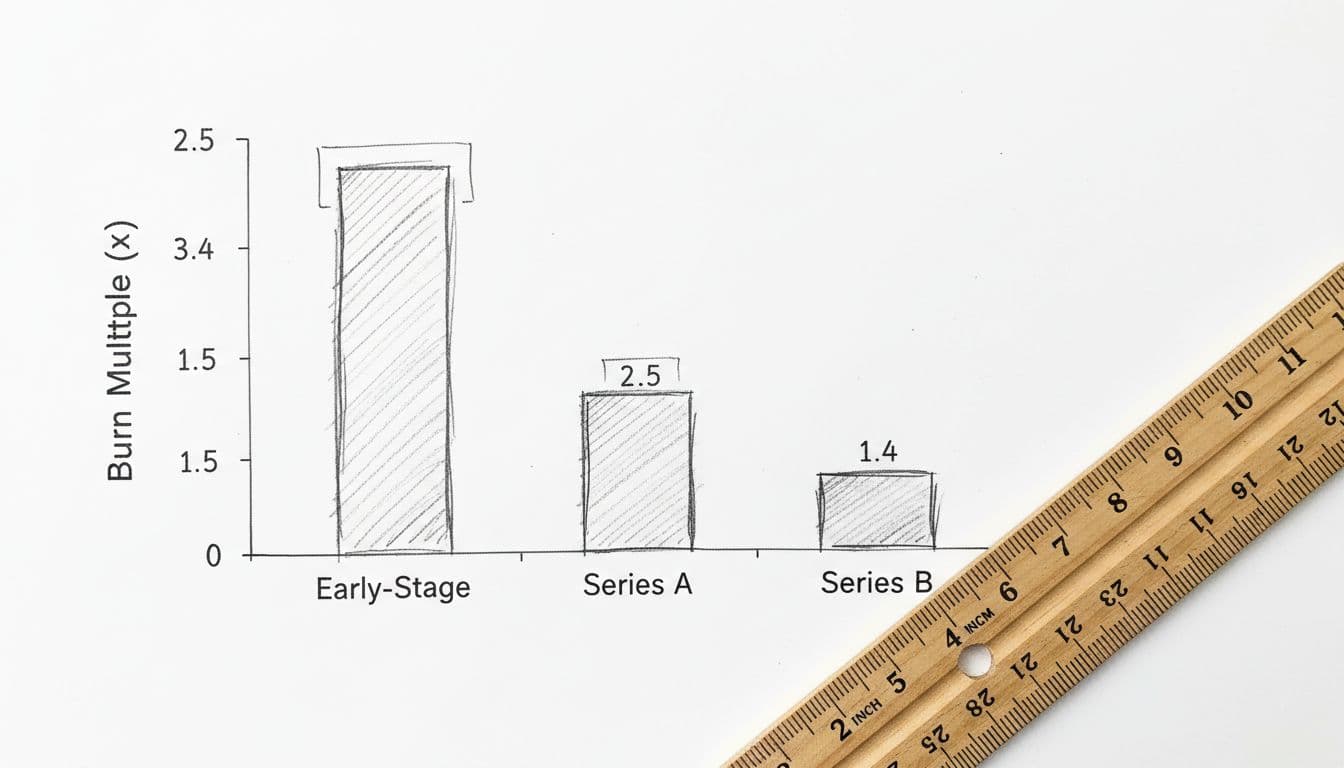 Hand-drawn bar chart sketch on paper shows SaaS burn multiple ranges for early-stage, Series A, and Series B, with nearby ruler.